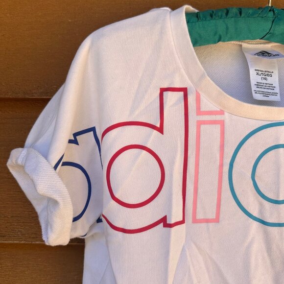 Adidas Girls White Tee Shirt With Multicolor Logo Size 16 Cotton Blend Casual Li - Picture 4 of 11